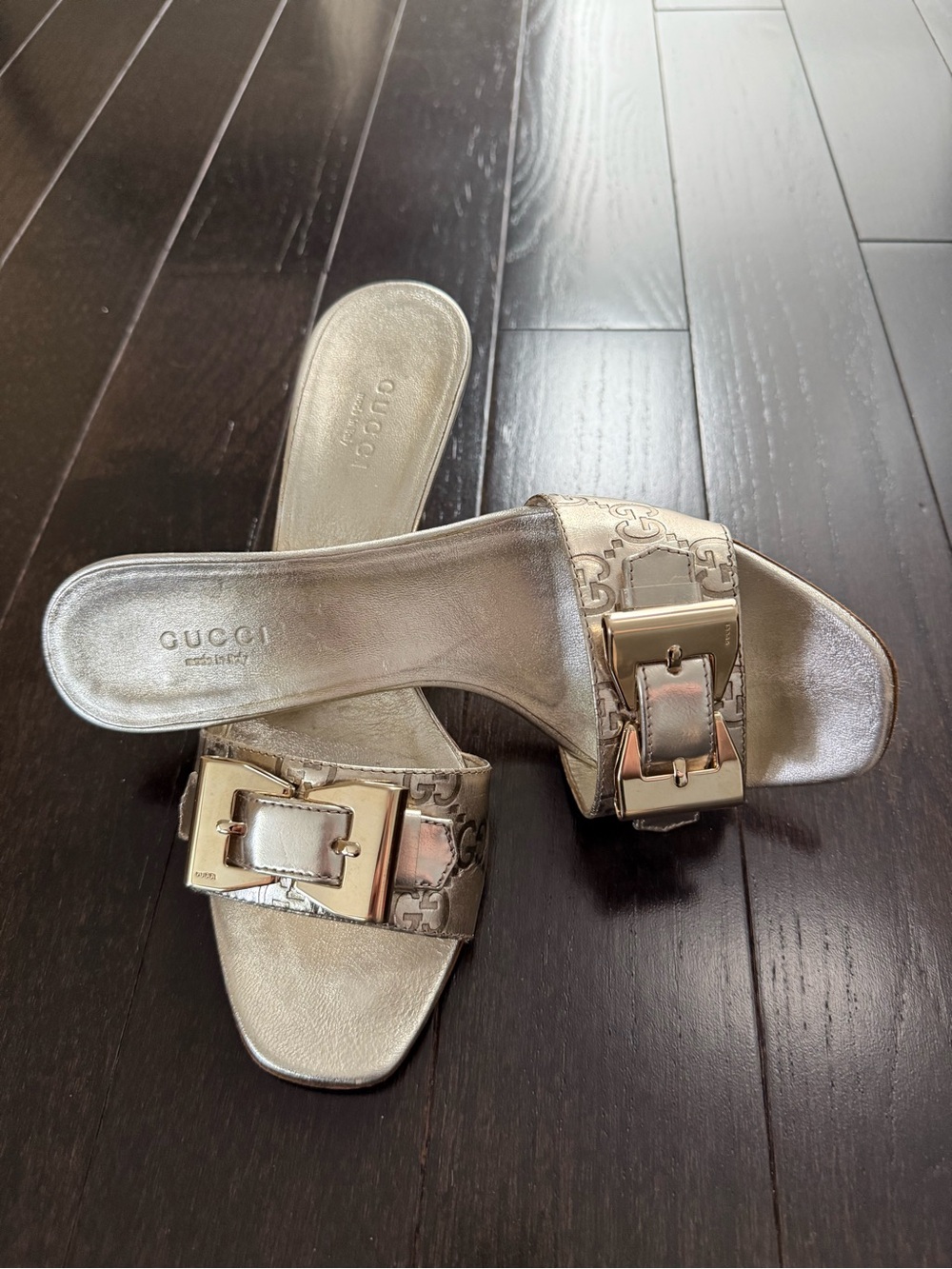 Vintage Gucci Tom Ford Era Metallic Gold Leather Slides, Size 6.5